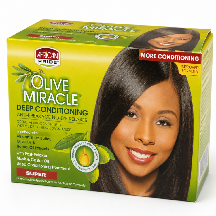AFRICAN PRIDE OLIVE MIRACLE DEEP CONDITIONING NO-LYE RELAXER KIT, SUPER