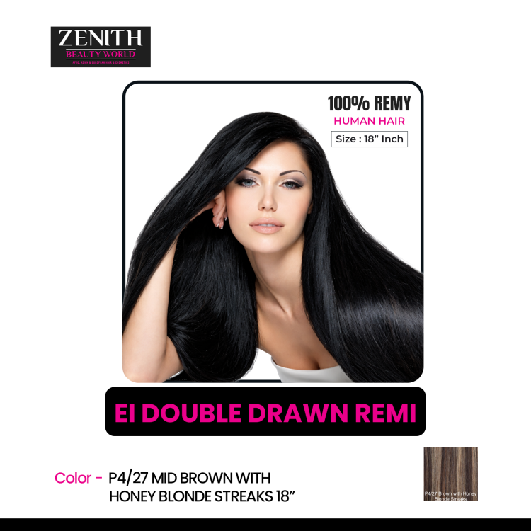EI DOUBLE DRAWN LUMIERE REMI HAIR- P4/27 - MID BROWN WITH HONEY BLONDE STREAKS 18