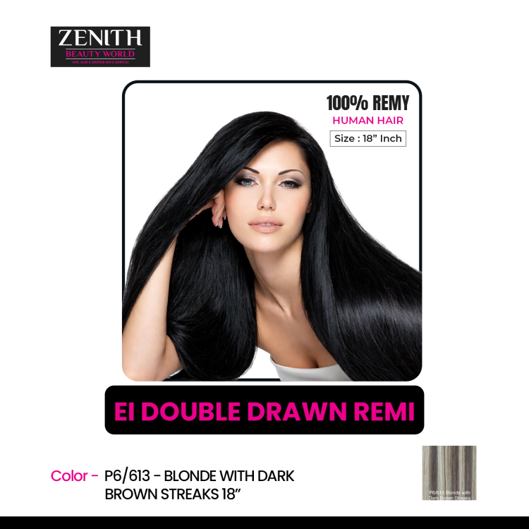 EI DOUBLE DRAWN LUMIERE REMI HAIR- P6/613 - BLONDE WITH DARK BROWN STREAKS 18