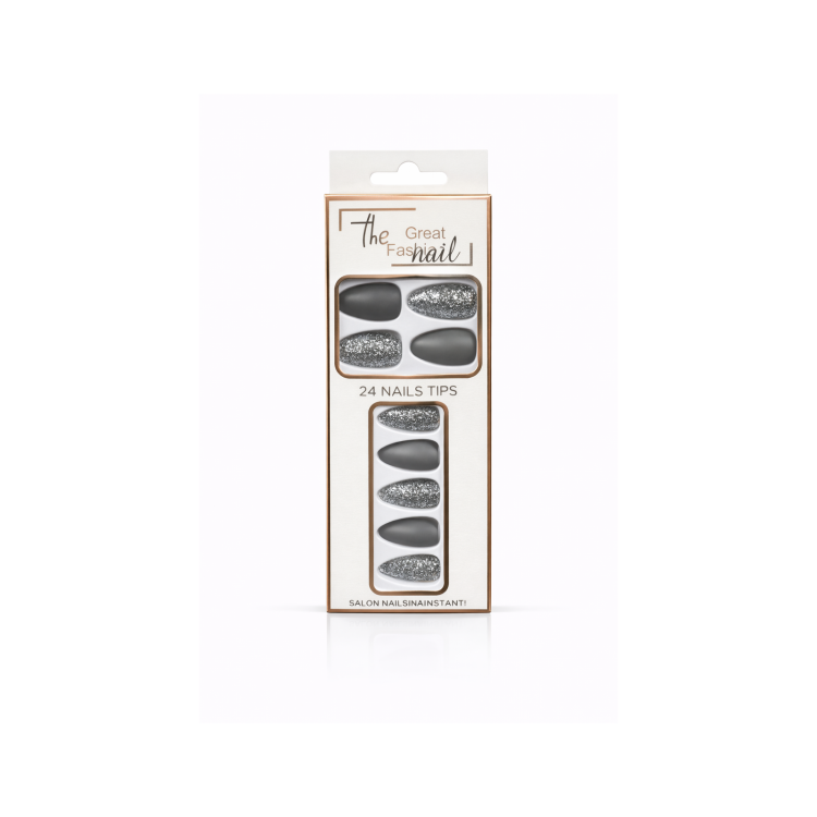 THE GREAT FASHION NAIL – 24 NAILS TIPS (GREY & GLITTER PRESS-ON SET)